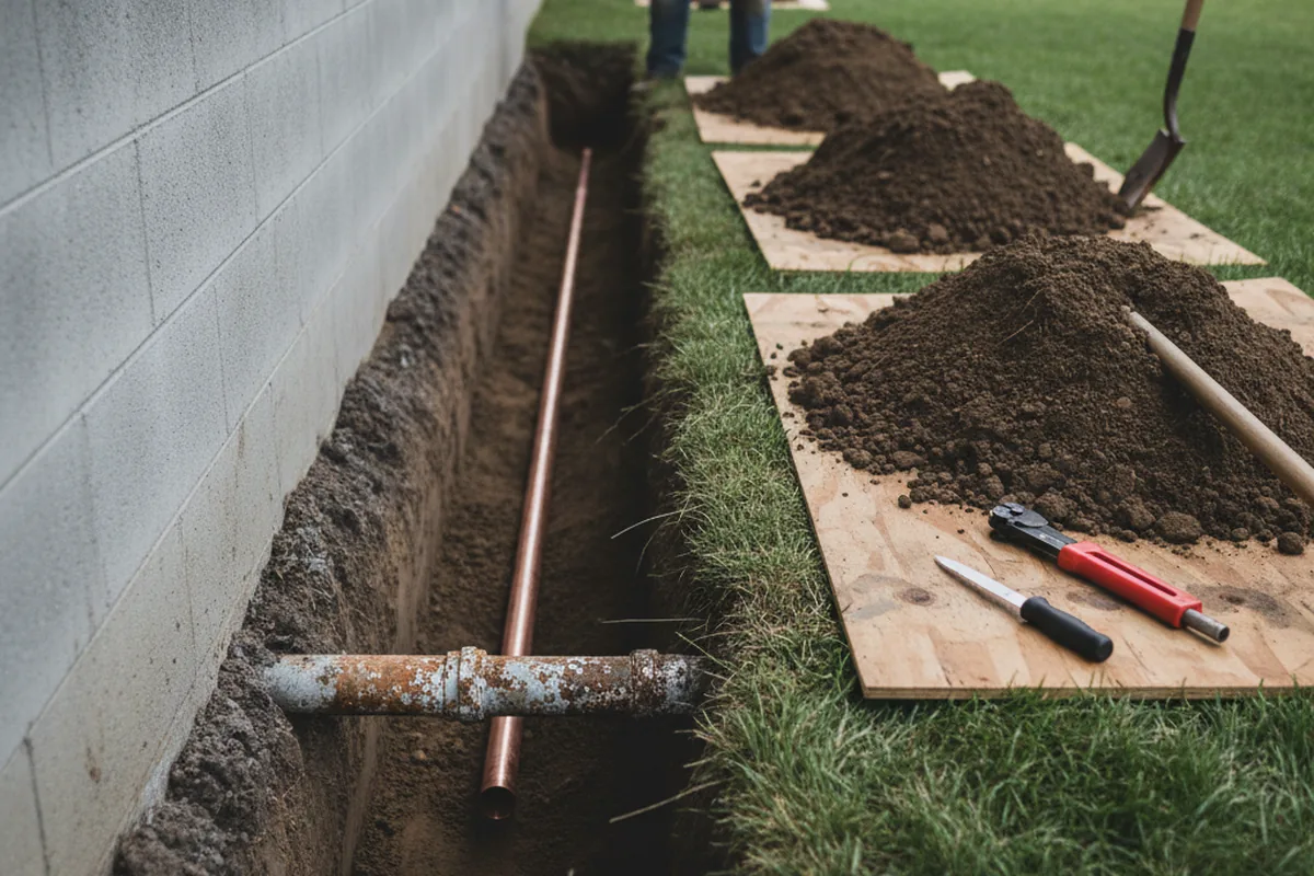 Excavated water line trench during Sewer Line Repair in Croswell